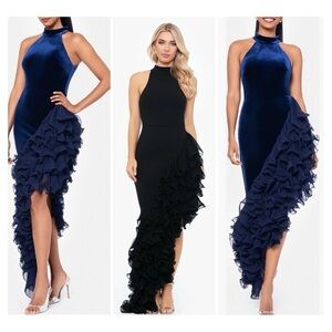 Betsy & Adam Navy Velvet  Halter Hi-Low Ruffle Strapless Dress NWT